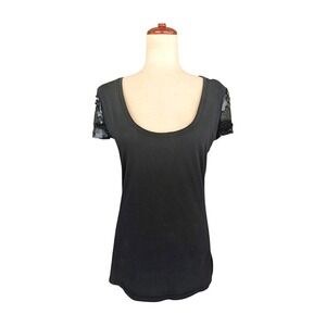 GAP Black Scoop Neck Sequin Cap Sleeve T-Shirt Size Medium